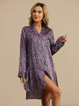 [Purple Leopard] Three-quarter framing captures purple leopard-print shirt dress with the model's body angled toward one side. 003