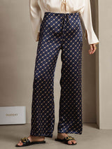 [Navy Chain] Navy chain print silk wide leg pants with drawstring waist on model 001