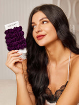 [Deep Purple] Woman holding purple silk scrunchies on SilkSilky card 001