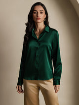 [Dark Green] SilkSilky  Long Sleeve Lapel Collar Women's Shirts 004