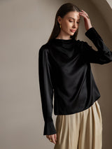 [Black] SilkSilky  Long Sleeve Boat Neck Women's Blouse 006