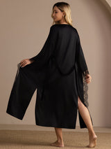 [Black] Full-length back view of a long mulberry silk lace-trim robe over matching bra and briefs in black 002