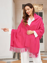 [Rose Red] rose red rectangular shawl with fringed edges, styled front view, draped over the shoulders with hand holding an edge. 001