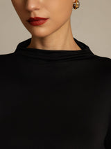 [Black] Black mulberry silk long sleeve mock neck top with smooth semi-high neckline 004