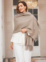 [Dark Khaki] dark khaki rectangular shawl with fringed edges, styled front view, draped broadly around the shoulders. 002
