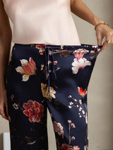 [Navy Floral] Navy floral 19 Momme silk wide-leg pants with drawstring waist and smooth drape 004