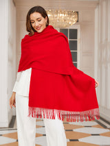 [Red] bright red rectangular shawl with fringed edges, styled front view, one side extended outward to show the width. 001