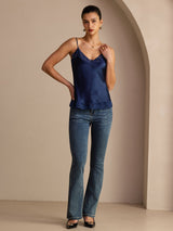 [Dark Blue] Navy blue lace-trim V-neck camisole top on a model in a full-body front view with arms relaxed and feet close together. 007