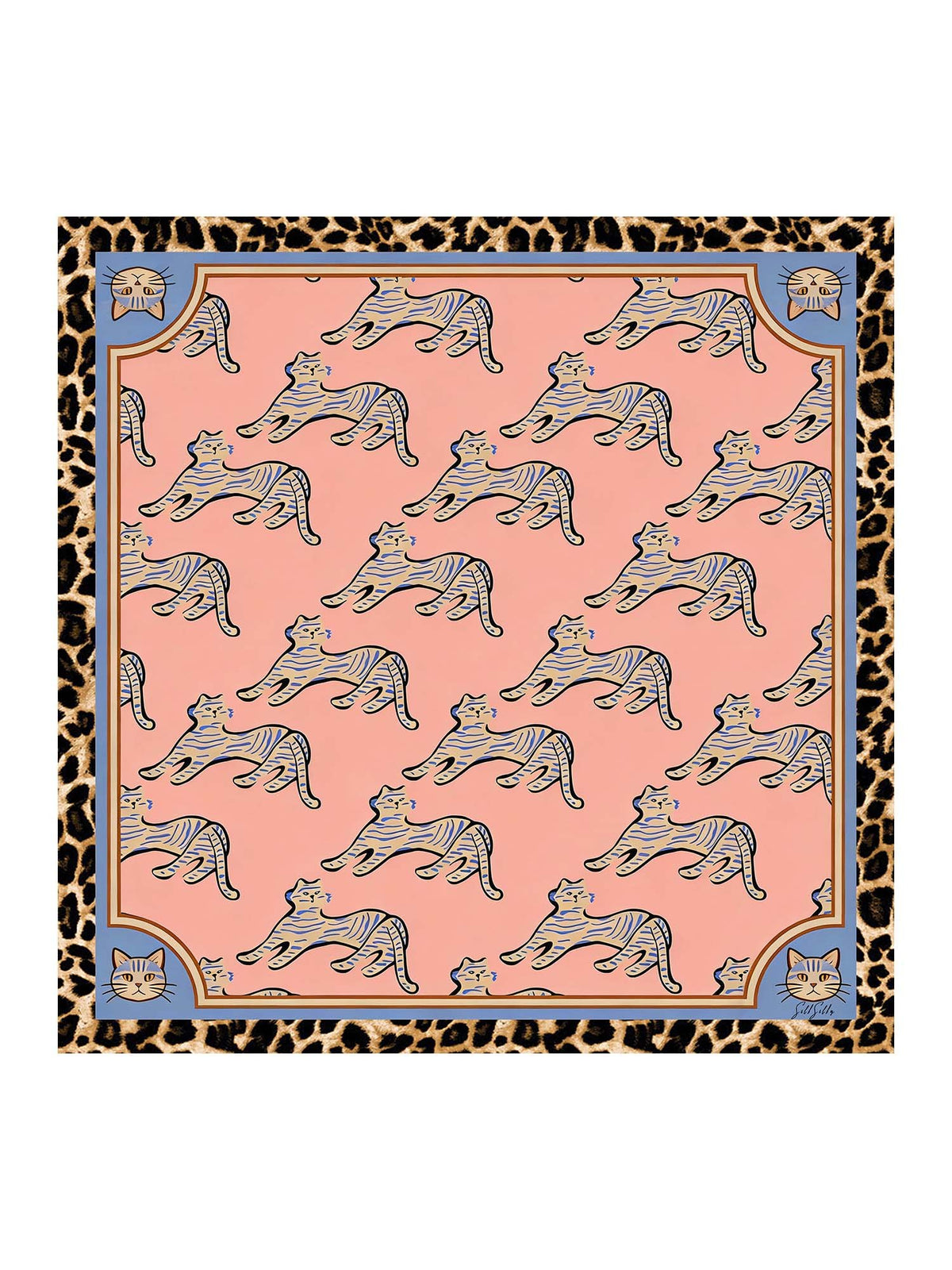[Pink Cat] Flat-lay view of a 90 cm square mulberry silk scarf in coral pink animal print with blue and black patterned borders 001