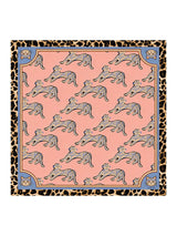 [Pink Cat] Flat-lay view of a 90 cm square mulberry silk scarf in coral pink animal print with blue and black patterned borders 001