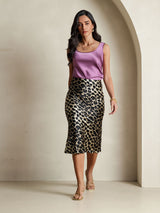 [Leopard] Woman wearing leopard print 19 Momme silk straight long skirt with pink silk tank 006