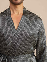 [Black Ginkgo] Men's black silk robe with white ginkgo print and belted V-neck design 005