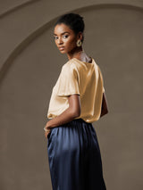 [Champagne] Beige silk short sleeve boat neck blouse with loose fit and cuffed sleeves 011
