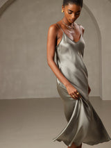 [Grayish Green] SilkSilky  Spaghetti Strap V Neck Nightgown 003