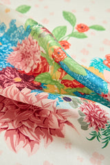 [P091] Close-up of Mulberry silk scarf with colorful floral print and green-blue trim 005