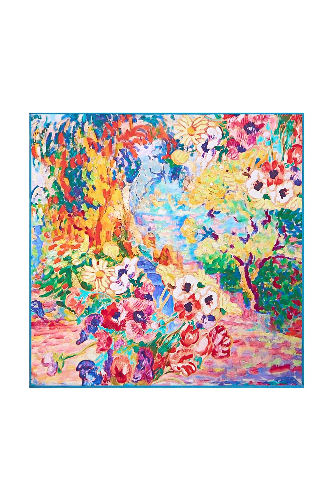 [P096] Colorful floral oil painting print 100% Mulberry silk square scarf with teal border 001
