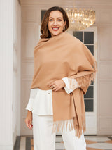 [Tan] tan beige rectangular shawl with fringed edges, styled front view, draped broadly around the shoulders. 003
