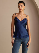 [Dark Blue] Navy blue lace-trim V-neck camisole top on a model in a mid-length front view with arms relaxed and shoulders square. 003