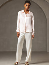 [Pink] Model wearing light pink long sleeve silk lapel shirt with white pants 007