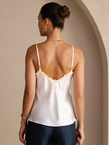 [White] Waist-up back view of a white mulberry silk camisole with spaghetti straps and ivory floral lace along the V neckline 002