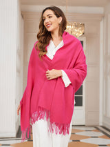[Rose Red] rose red rectangular shawl with fringed edges, styled front view, draped broadly around the shoulders. 002