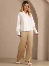 [White] SilkSilky  Long Sleeve Split Women's Blouse 006