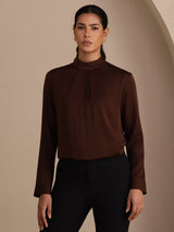 [Tan] SilkSilky Long Sleeve Stand Collar Women's Blouse 004