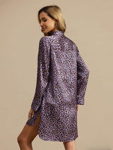 [Purple Leopard] Rear studio view of a model wearing a purple leopard-print long-sleeve shirt dress. 002