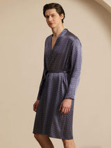 [Navy Ginkgo] Men's knee-length mulberry silk robe with ginkgo print, belted waist, long sleeves 005