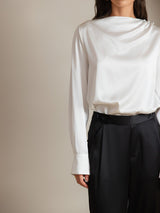 [White] SilkSilky  Long Sleeve Boat Neck Women's Blouse 004