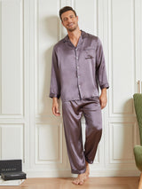 [Purple Gray] Men's lavender silk pajamas set with notch collar, button-up top and pants 003