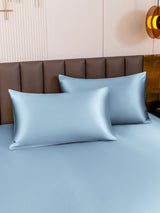 [Light Blue] Light blue mulberry silk pillowcases on a bed with envelope closure 003