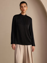 [Black] SilkSilky Long Sleeve Stand Collar Women's Blouse 003