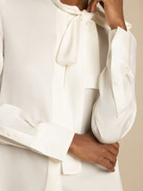 [White] SilkSilky  Long Sleeve Tie Neck Women's Blouse 005