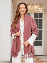 [Pale Mauve] pale mauve rectangular shawl with fringed edges, styled front view, draped broadly around the shoulders. 002