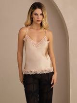 [Champagne] Champagne lace-trim V-neck camisole top on a model in a mid-length front view with arms relaxed and shoulders square. 003