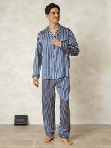 [Navy Stripe] Men's navy and white striped mulberry silk pajama set with lapel collar and button front