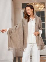 [Dark Khaki] Close front view of a rectangular wool shawl with fringed edges, 200 by 70 cm, in dark khaki 004