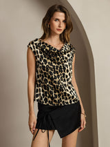 [Leopard] Leopard print silk cap sleeve cowl neck women's top 004