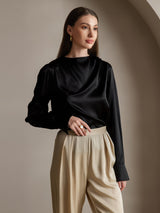 [Black] SilkSilky  Long Sleeve Boat Neck Women's Blouse 005
