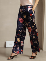 [Navy Floral] Navy floral silk wide-leg pants with drawstring waist and side pockets 003