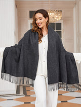 [Dark Gray] dark charcoal gray rectangular shawl with fringed edges, styled front view, held fully open from both corners. 003