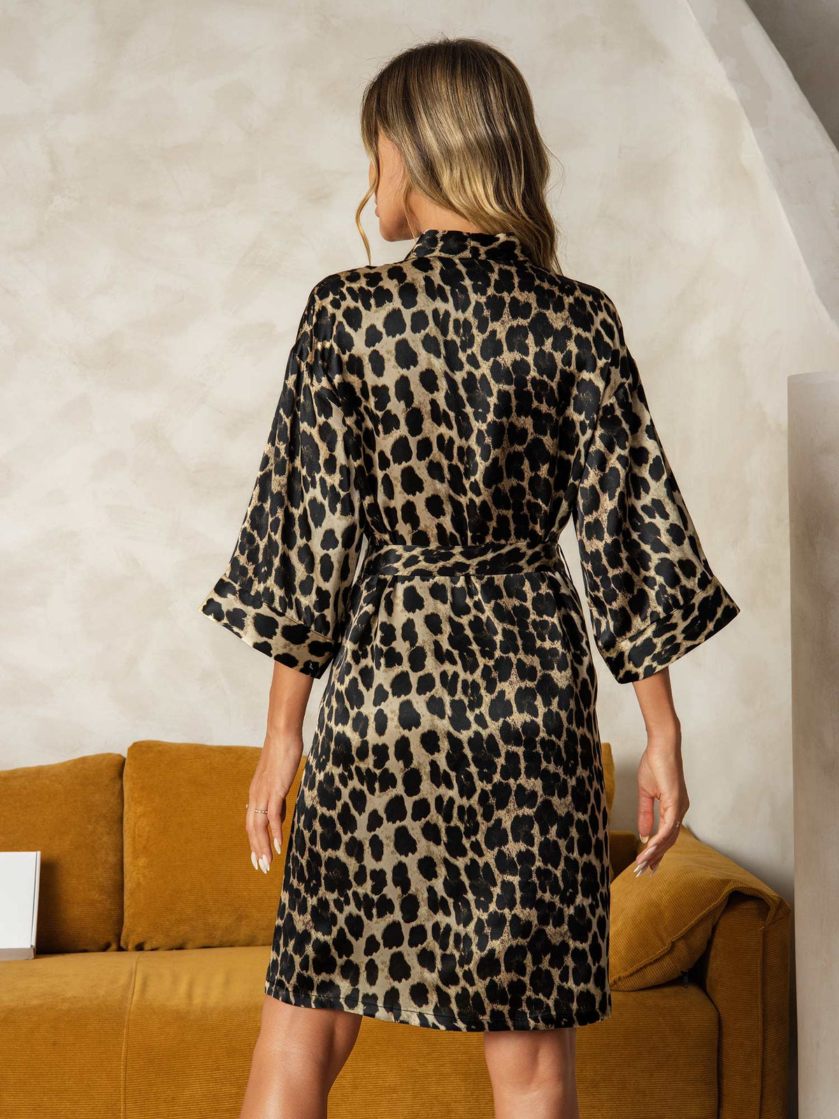[Leopard] Back view of leopard print silk kimono robe with 3/4 sleeves and self-tie belt 002