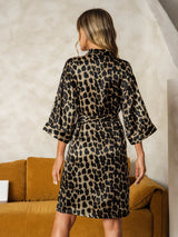 [Leopard] Back view of leopard print silk kimono robe with 3/4 sleeves and self-tie belt 002