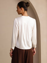 [White] SilkSilky  Long Sleeve Wrap Women's Blouse 002