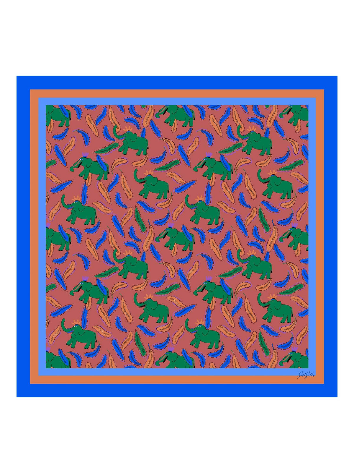 [Clay Elephant] Flat-lay view of a 90 cm silk scarf in coral pink with blue, green, and brown animal silhouettes and a blue border 001