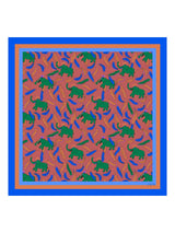 [Clay Elephant] Flat-lay view of a 90 cm silk scarf in coral pink with blue, green, and brown animal silhouettes and a blue border 001