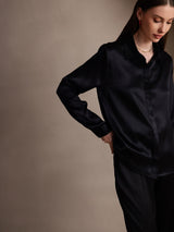 [Black] Black silk long sleeve lapel collar women's shirt with concealed button placket 005