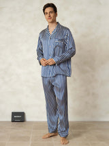 [Navy Stripe] Men's blue and white striped mulberry silk pajama set with lapel collar and button front