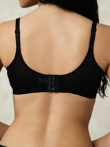 [Black] Black wireless silk jersey bra back view with adjustable straps and triple-row hook closure 003